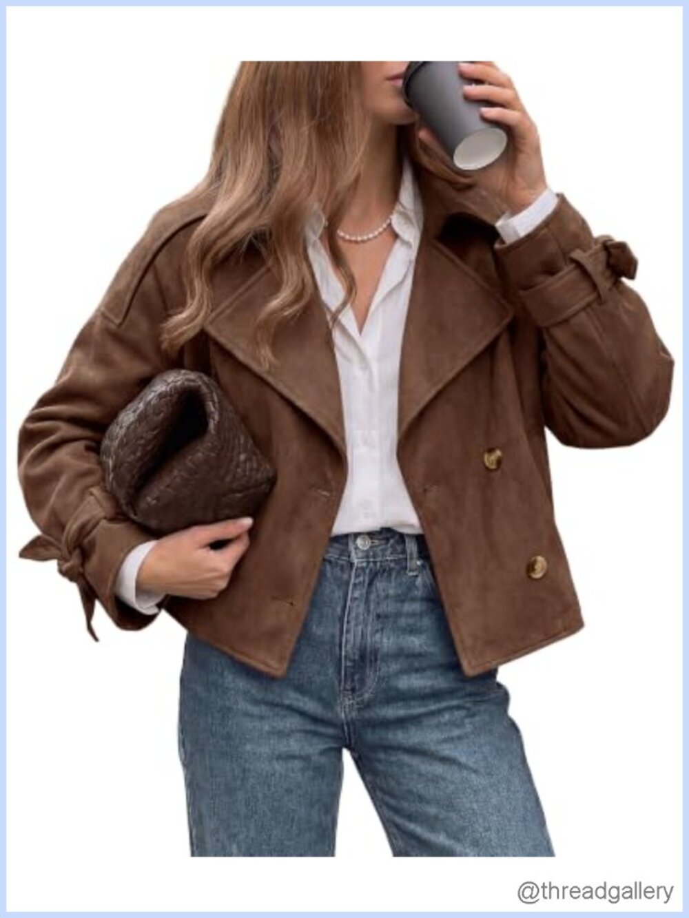 Faux Suede Double Breasted Cropped Trench Coat Jacket